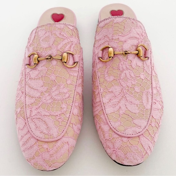GUCCI Princetown Pink Lace Overlay Leather Horsebit Loafer Mules Size 36, - Picture 5 of 5